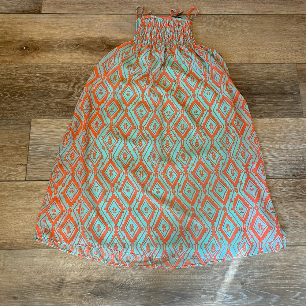 Sequin Hearts Boho Festival Geometric Halter Dress Smocked Aqua Orange Med